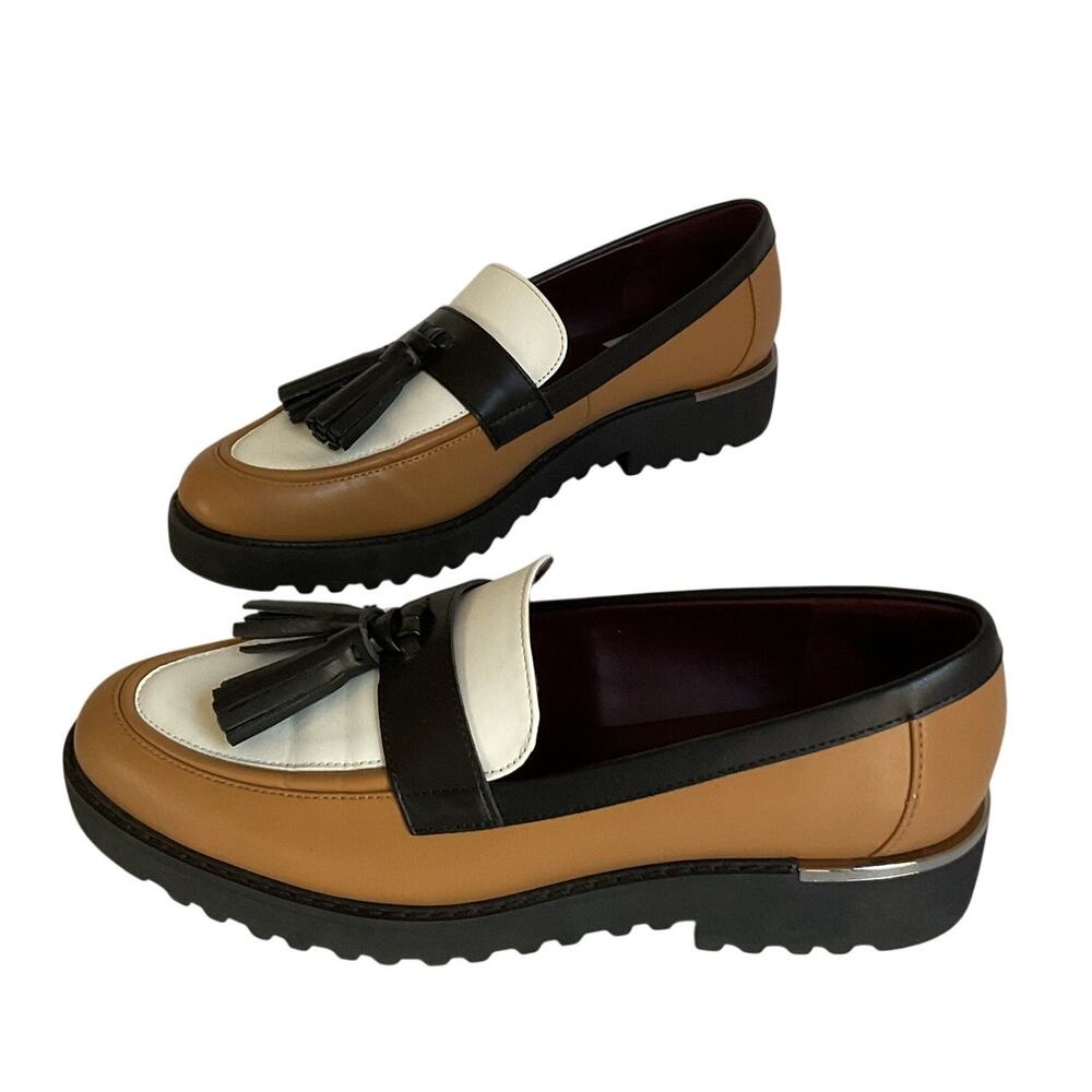 Franco Sarto Women’s Size 8 Colorblock Tassel Loafers Tan Black White Lug Sole